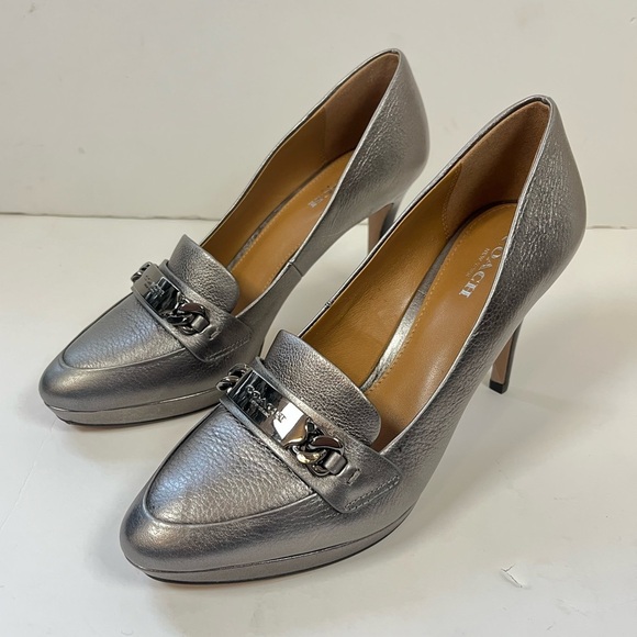 Coach Shoes - Coach Metallic Silver Leather Platform Loafers Size 6.5B